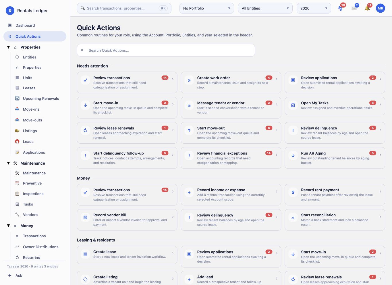 Rentals Ledger Quick Actions workspace showing items needing attention and guided operating routines